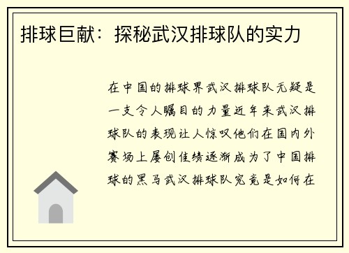 排球巨献：探秘武汉排球队的实力