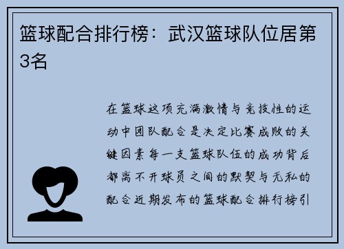 篮球配合排行榜:武汉篮球队位居第3名